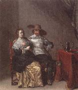 Laurentius de Neter An interior with a soldier makng advances to a lady,deside a table draped with a red cloth,with a pewther jug and an upturned roemer on a pewter dish USA oil painting reproduction